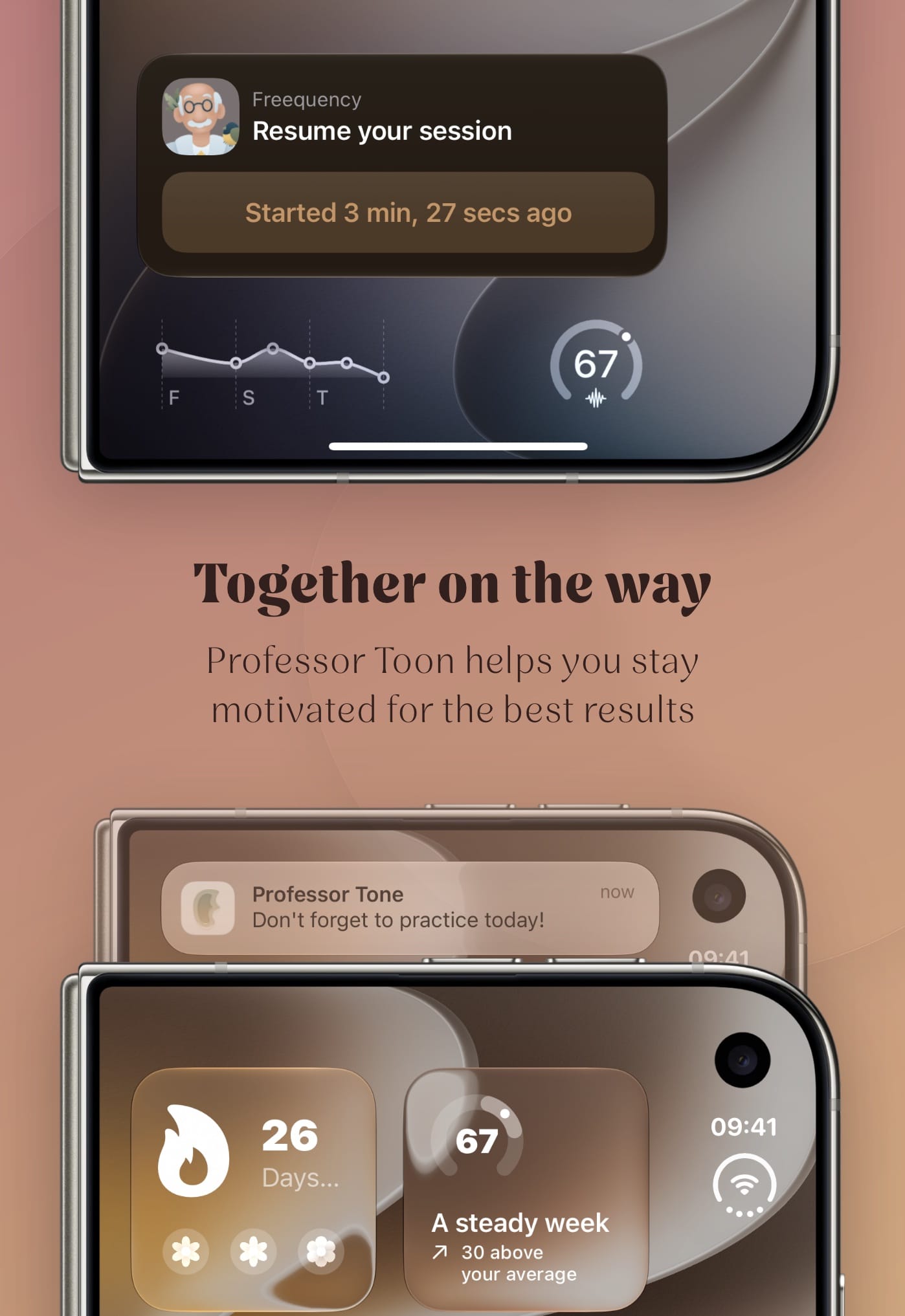 Lock screen widgets and notifications through which Professor Tone helps you stay motivated.