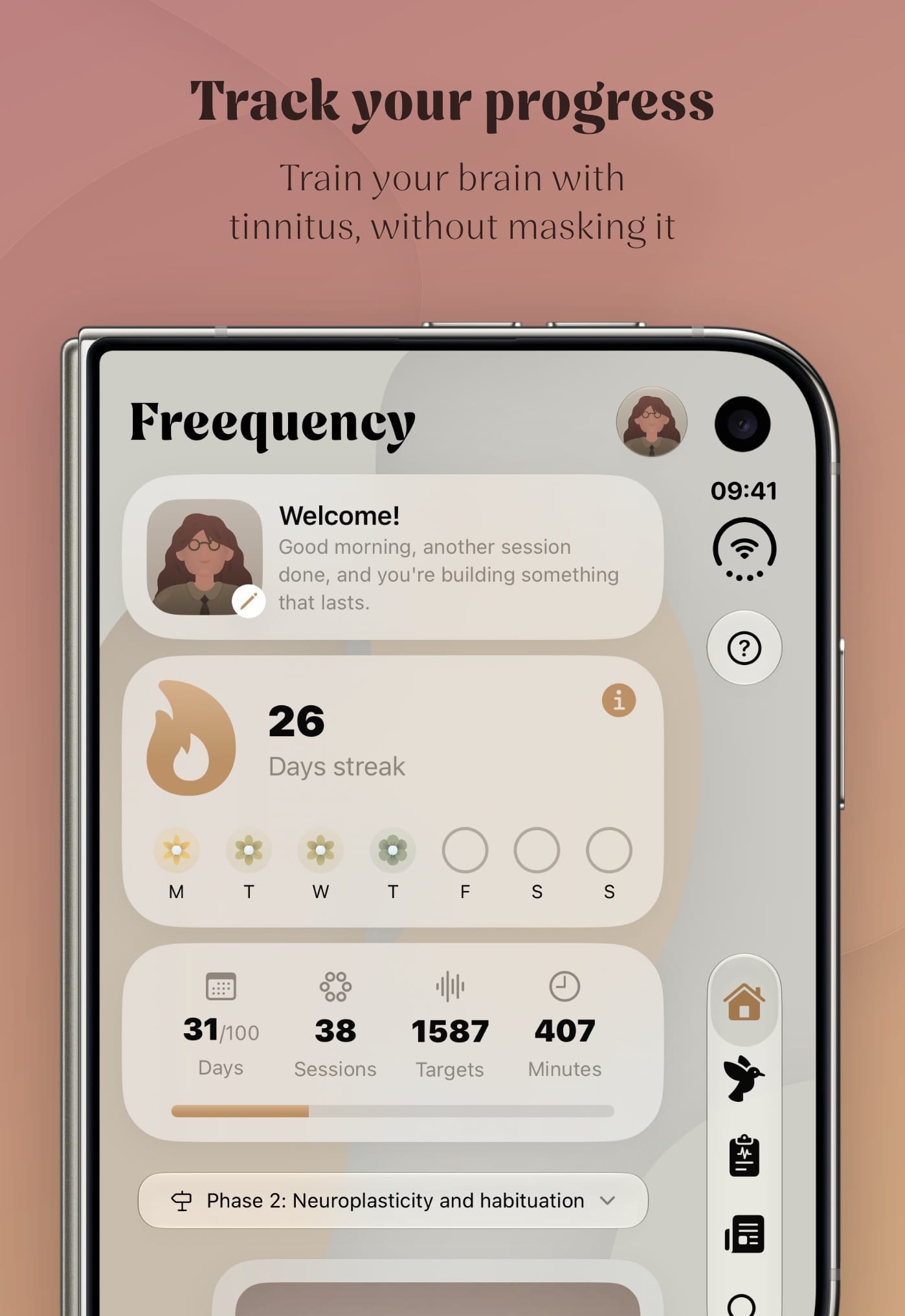 The app's home screen with a 26-day streak, the weekly check-ins and the number of sessions, goals and minutes.