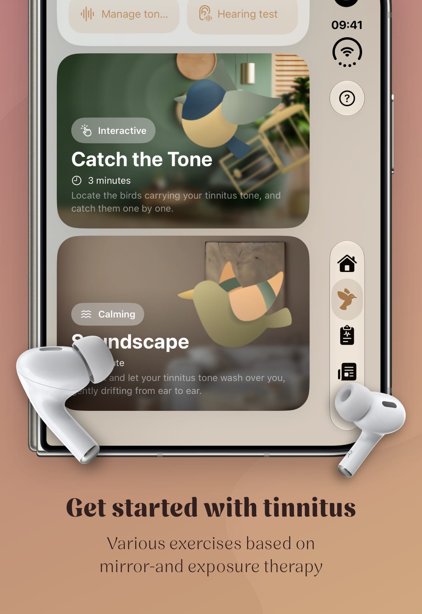 The practice screen with the exercises Catch the Tone and Soundscape, surrounded by birds and AirPods.