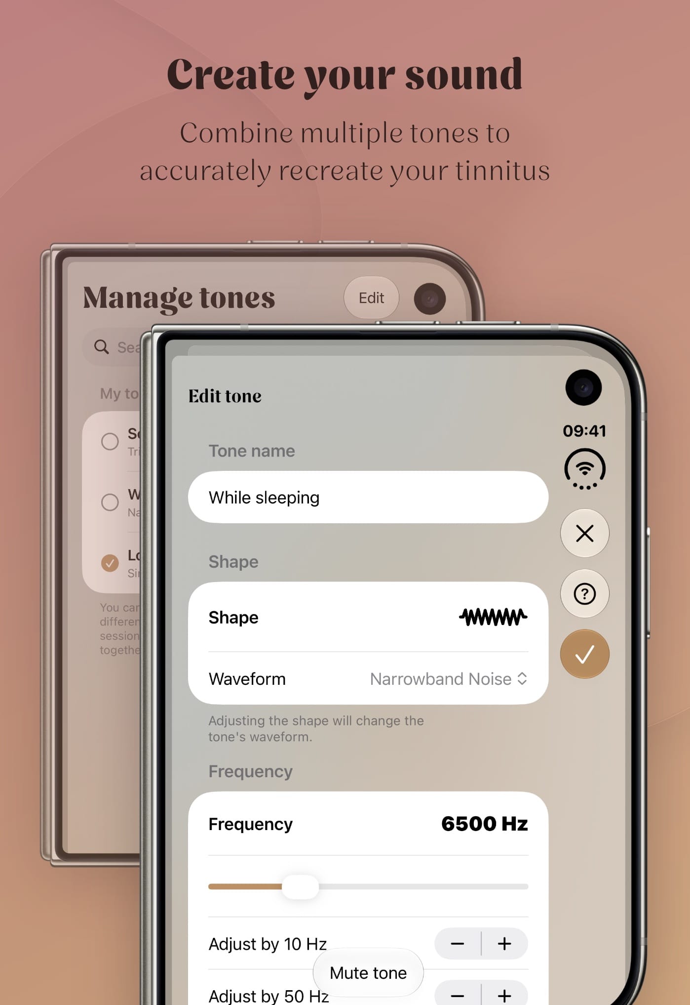 The tone editor where you set the waveform and frequency of your own tinnitus tone.