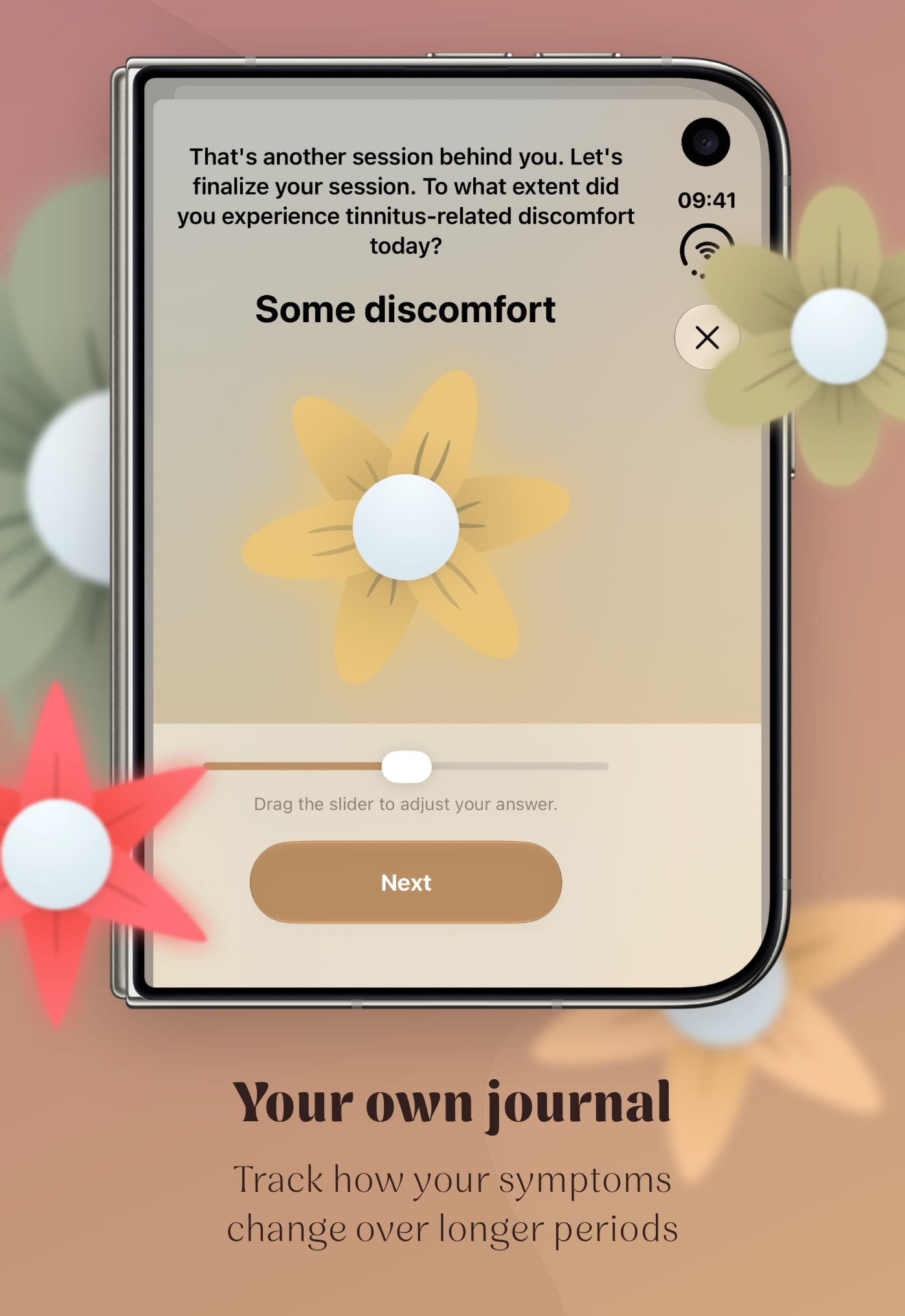 The check-in after a session, where a flower shows how much your tinnitus bothered you today.