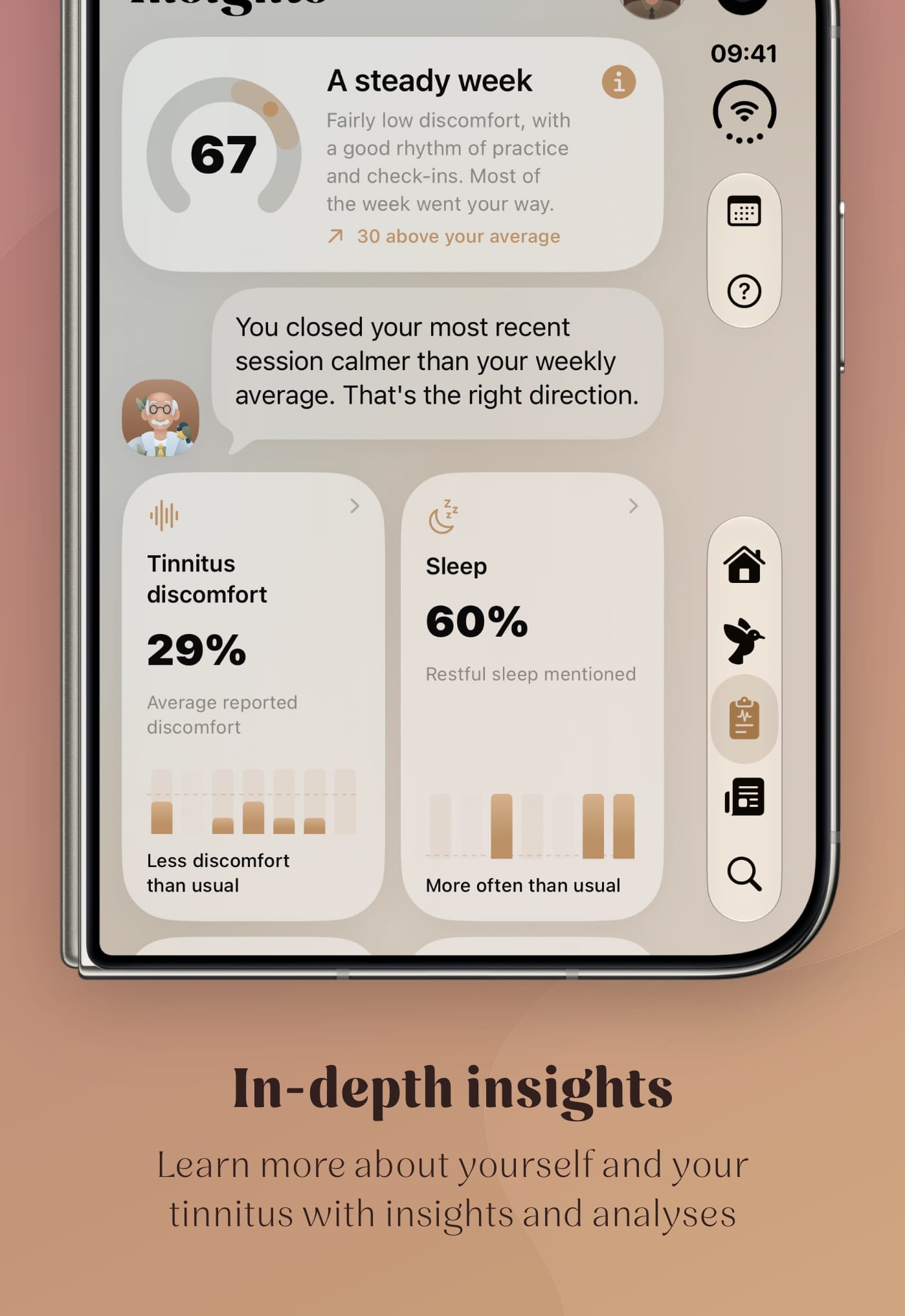 A month calendar of check-ins, a message from Professor Tone and a chart of your tinnitus intensity over time.