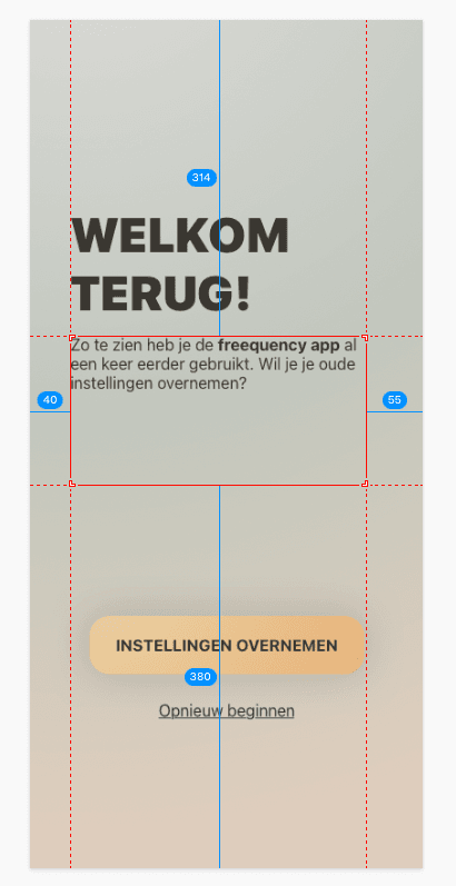 Screenshot of a design tool showing an early welcome screen of the Freequency app