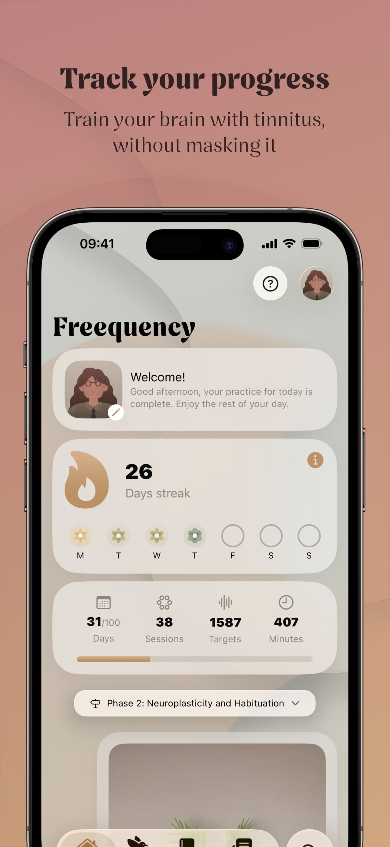 The app's home screen with a 26-day streak, the weekly check-ins and the number of sessions, goals and minutes.