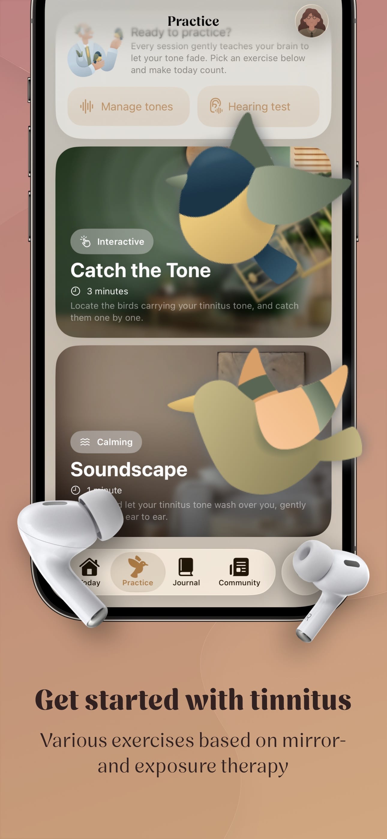 The practice screen with the exercises Catch the Tone and Soundscape, surrounded by birds and AirPods.