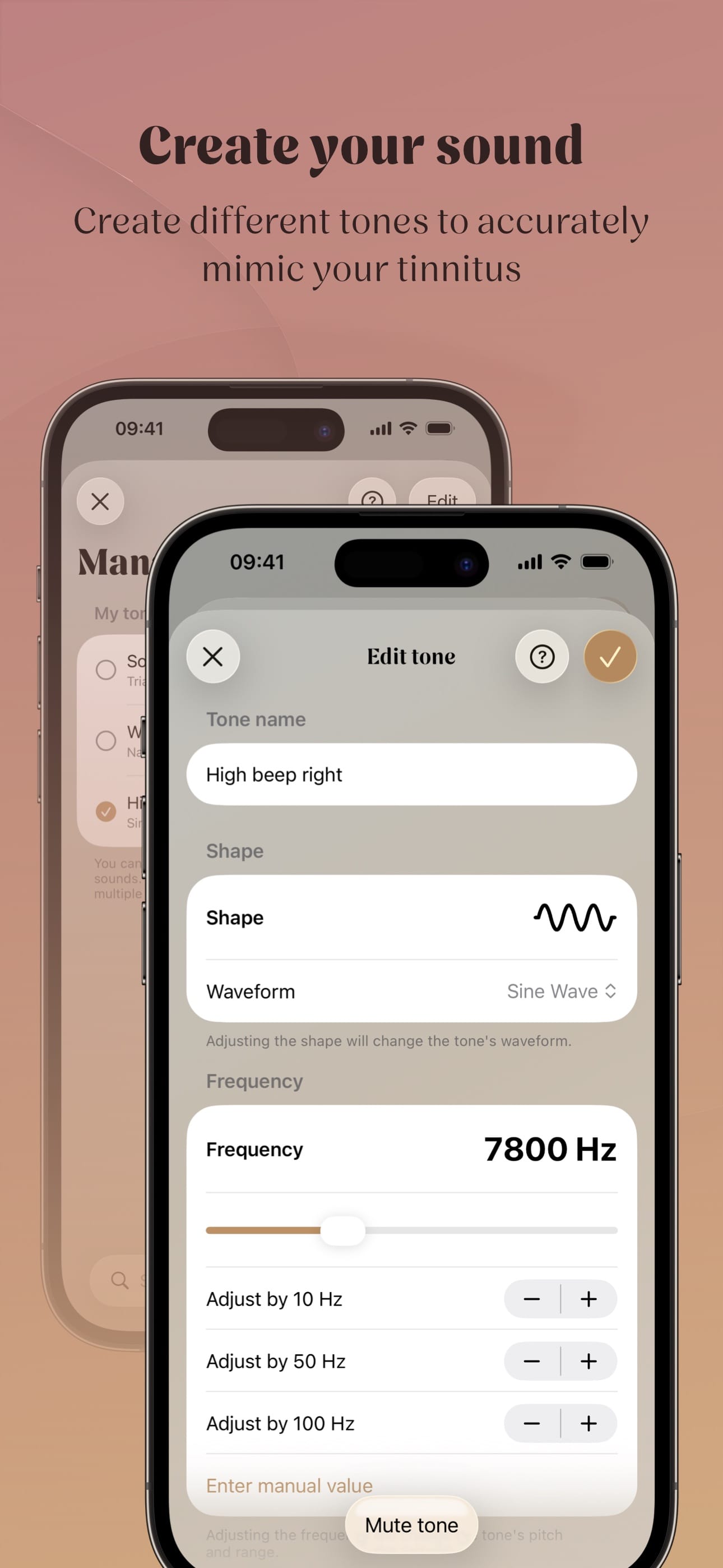 The tone editor where you set the waveform and frequency of your own tinnitus tone.