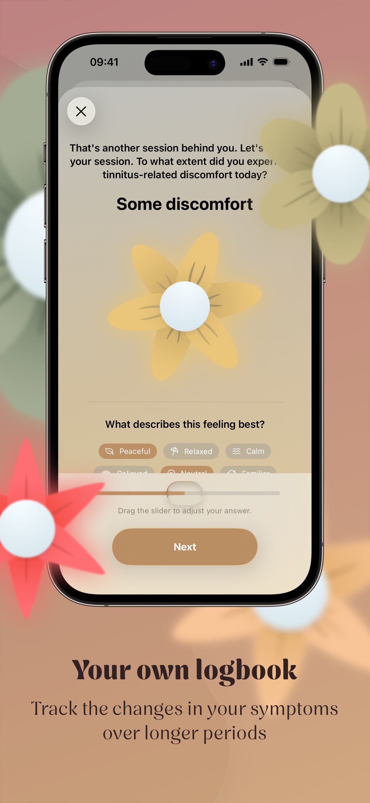 The check-in after a session, where a flower shows how much your tinnitus bothered you today.