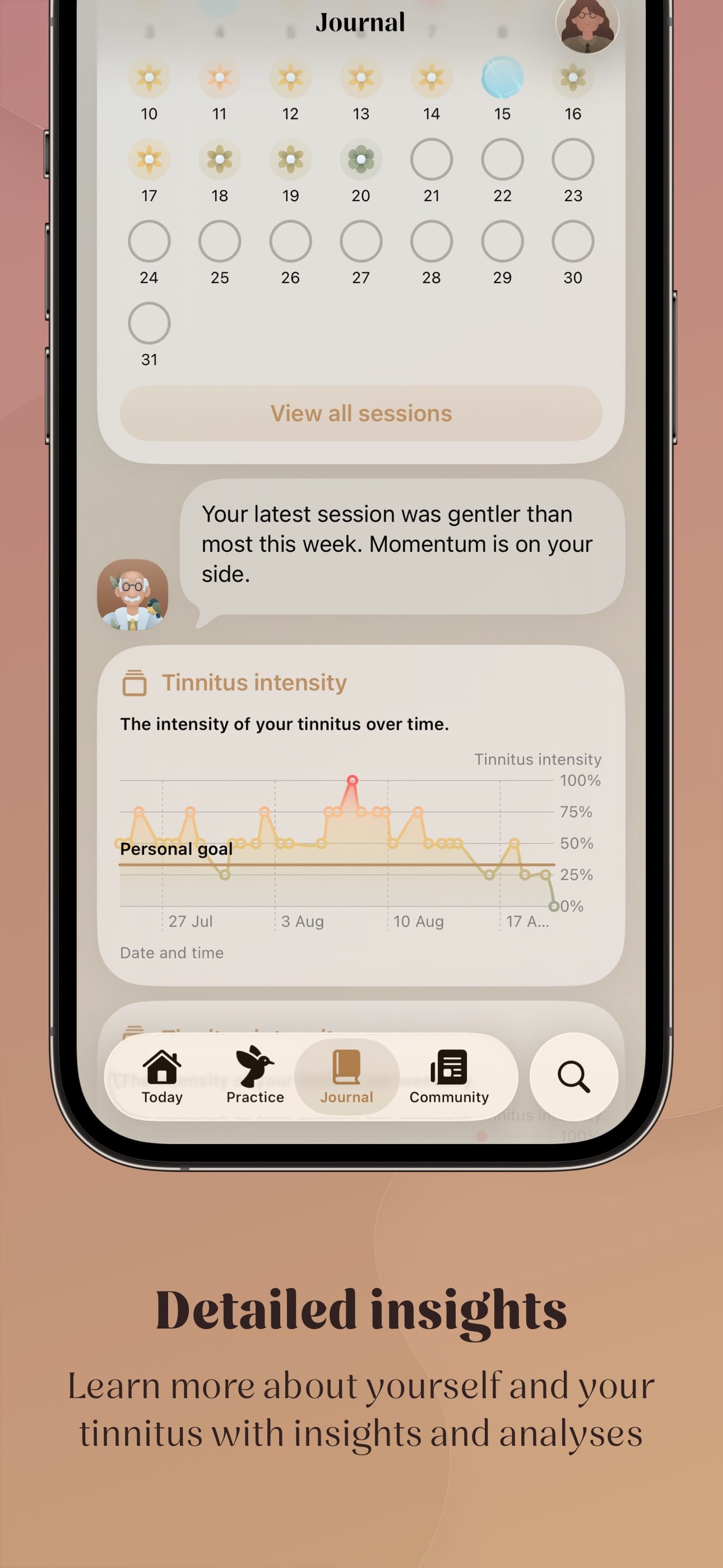 The journal with a calendar of check-ins and a chart of your tinnitus intensity over time.